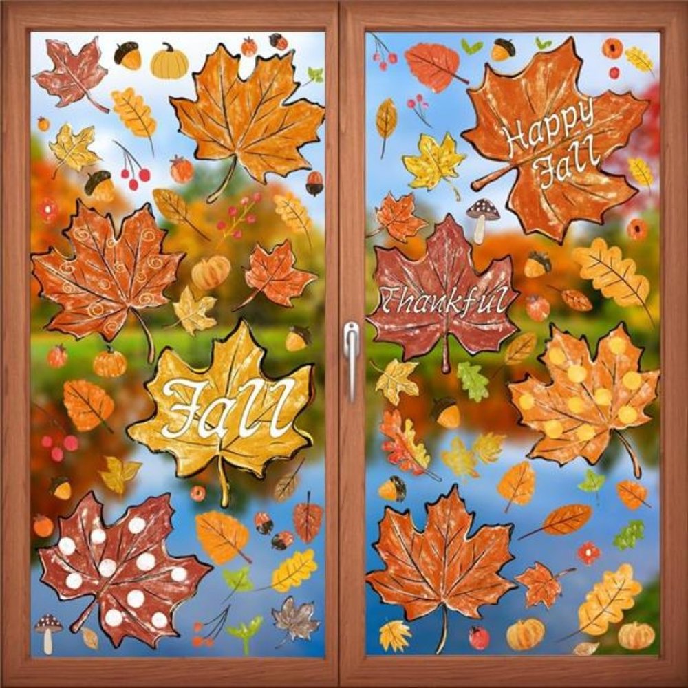 8 Sheets Thanksgiving Fall Window Clings, Maple Leaves Pine Cones Oil Painting